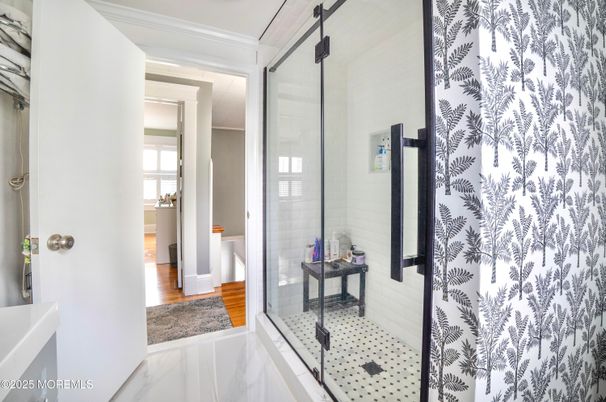 Bathroom, Glass Shower, Interior, Marble, Wood Texture Flooring