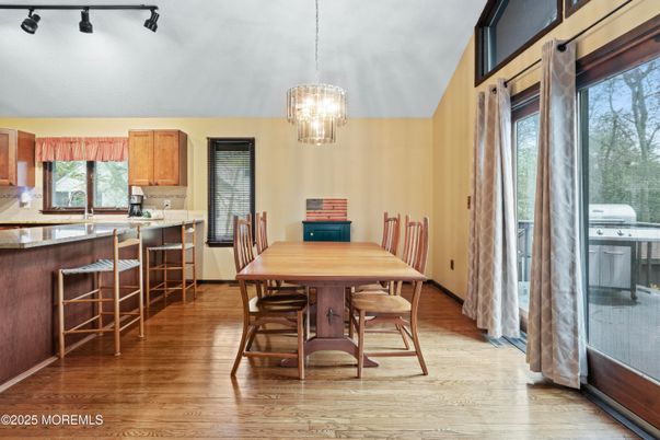 Dining room, Interior, Kitchen, Pendant Lights, Wood Texture Flooring