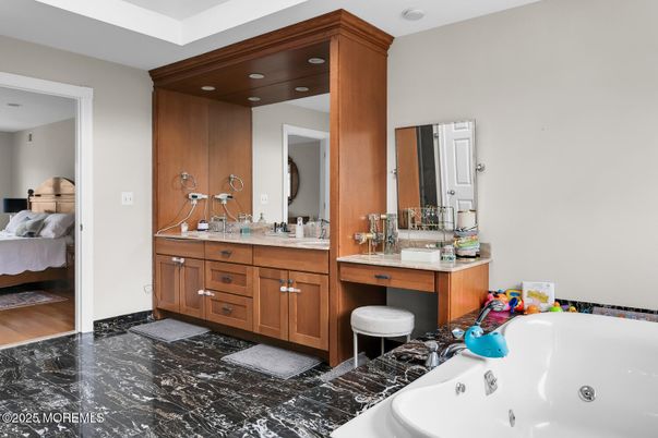 Bathroom, Bedroom, Dual Sink Vanities, Interior, Marble, Recessed Lighting, Wood Texture Flooring
