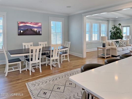 Dining room, Interior, Living room, Recessed Lighting, Wood Texture Flooring