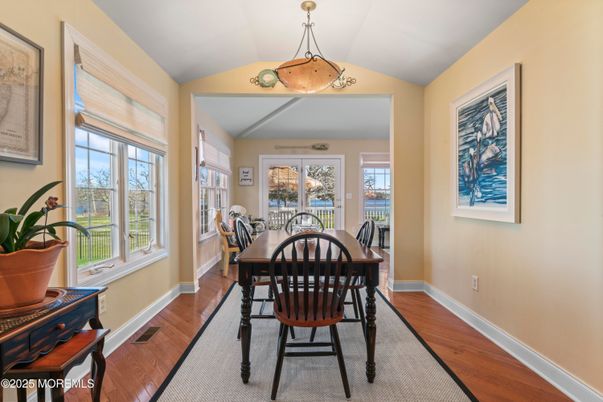 Dining room, Interior, Pendant Lights, Wood Texture Flooring
