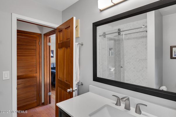 Bathroom, Glass Shower, Interior, Wood Texture Flooring