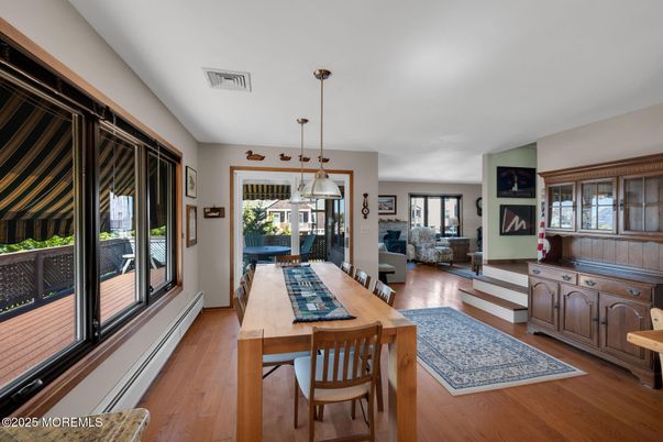 Dining room, Interior, Pendant Lights, Wood Texture Flooring