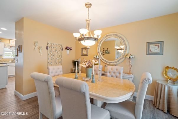 Chandelier, Dining room, Interior, Kitchen, Recessed Lighting, Wood Texture Flooring