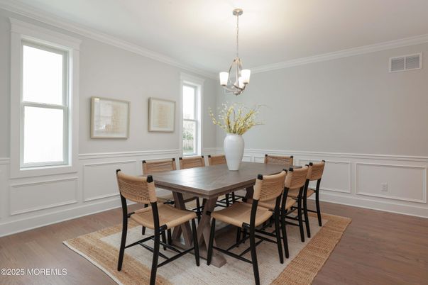 Dining room, Interior, Pendant Lights, Wood Texture Flooring