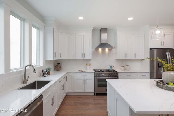 Interior, Kitchen, Pendant Lights, Recessed Lighting, Stainless Steel Appliances, Wood Texture Flooring