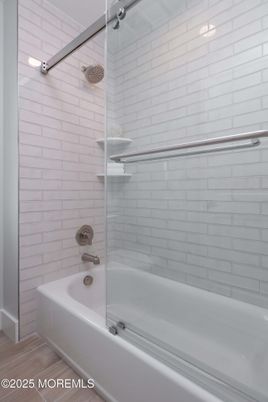 Bathroom, Glass Shower, Interior, Wood Texture Flooring
