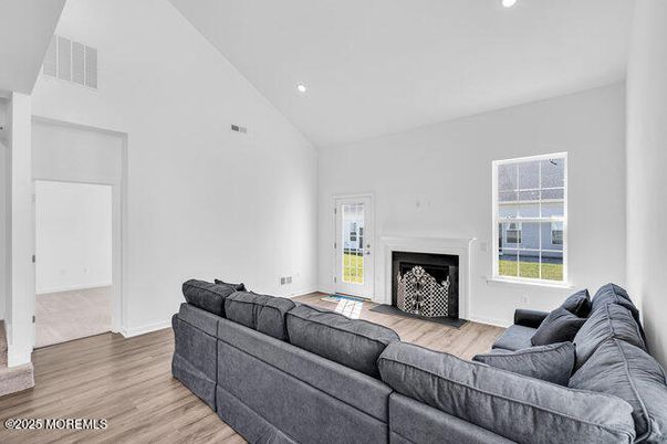 Fireplace, Interior, Living room, Recessed Lighting, Wood Texture Flooring