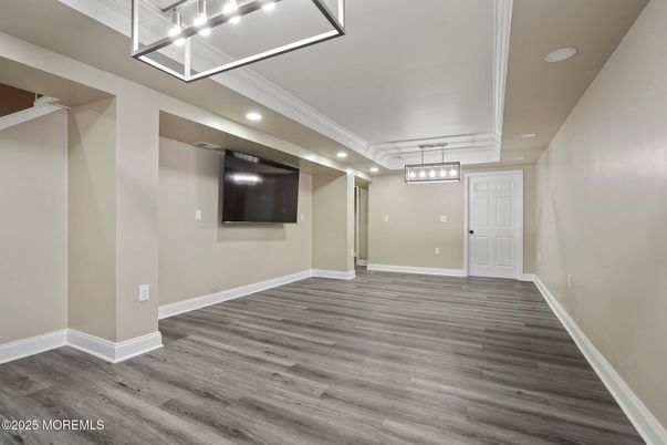 Empty room, Interior, Pendant Lights, Recessed Lighting, Wood Texture Flooring