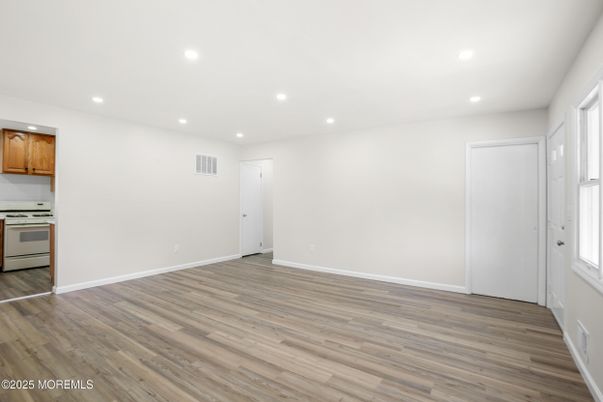 Empty room, Interior, Kitchen, Recessed Lighting, Wood Texture Flooring
