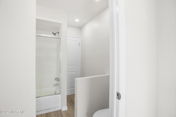 Bathroom, Glass Shower, Interior, Recessed Lighting, Wood Texture Flooring