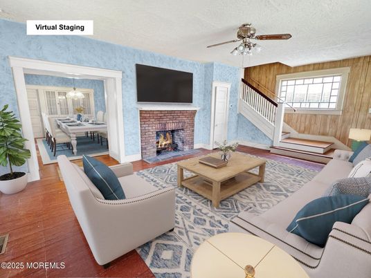 Dining room, Fireplace, Interior, Living room, Pendant Lights, Wood Texture Flooring