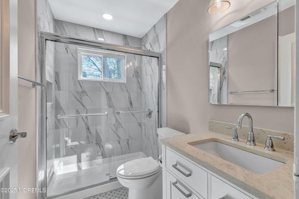 Bathroom, Glass Shower, Interior, Marble Walls, Recessed Lighting