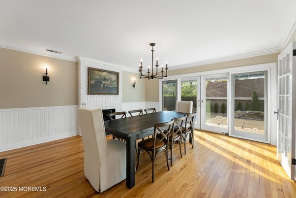 Dining room, Interior, Pendant Lights, Wood Texture Flooring