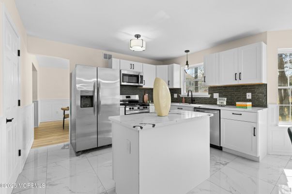 Interior, Kitchen, Marble, Pendant Lights, Stainless Steel Appliances