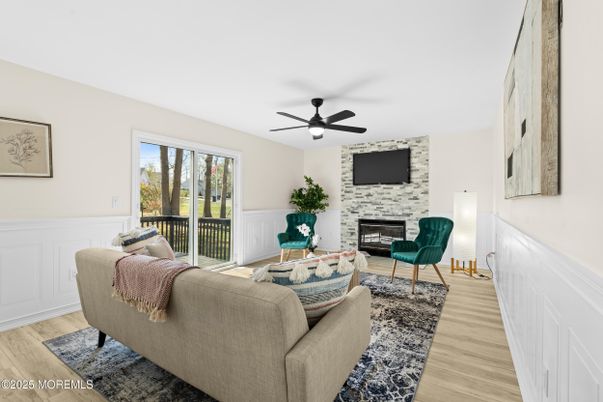 Fireplace, Interior, Living room, Stone Walls, Wood Texture Flooring