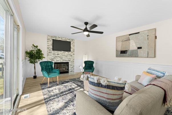 Fireplace, Interior, Living room, Stone Walls, Wood Texture Flooring