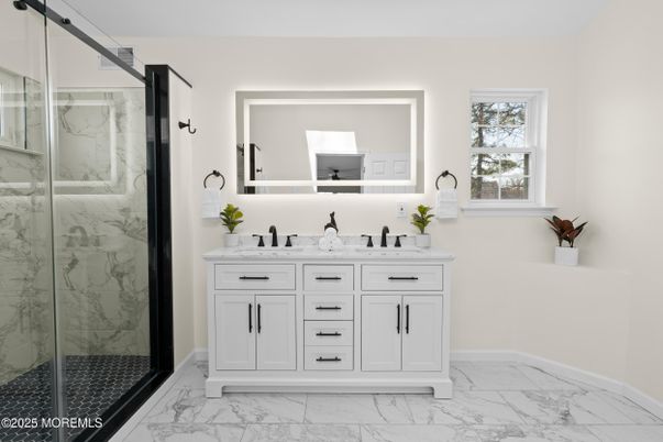 Bathroom, Dual Sink Vanities, Glass Shower, Interior, Marble, Marble Walls