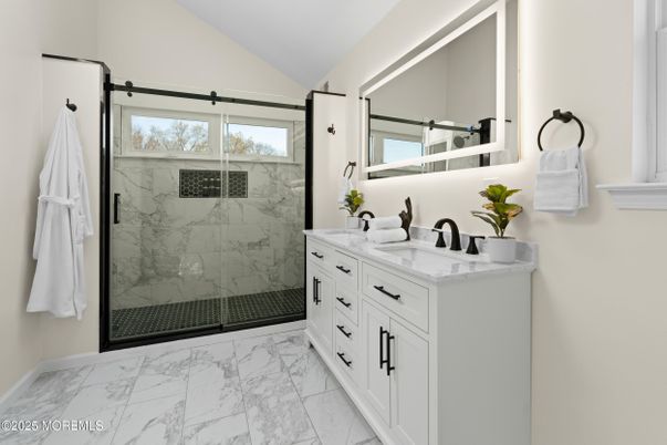 Bathroom, Dual Sink Vanities, Glass Shower, Interior, Marble, Marble Walls