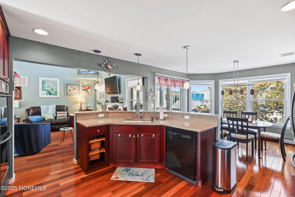 Dining room, Interior, Living room, Pendant Lights, Recessed Lighting, Wood Texture Flooring