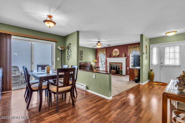 Dining room, Fireplace, Interior, Wood Texture Flooring