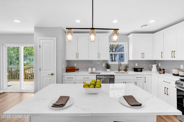 Interior, Kitchen, Pendant Lights, Recessed Lighting, Stainless Steel Appliances, Wood Texture Flooring