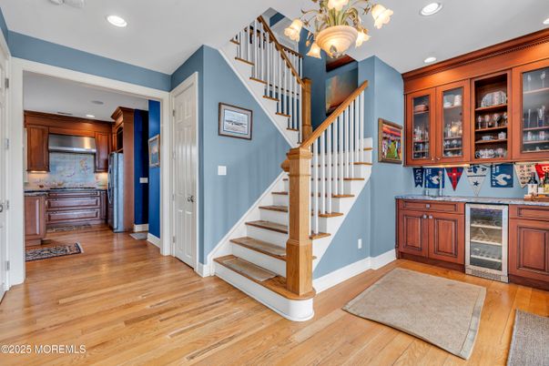 Chandelier, Interior, Kitchen, Recessed Lighting, Stainless Steel Appliances, Wood Texture Flooring