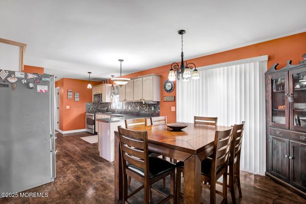Dining room, Interior, Kitchen, Pendant Lights, Wood Texture Flooring