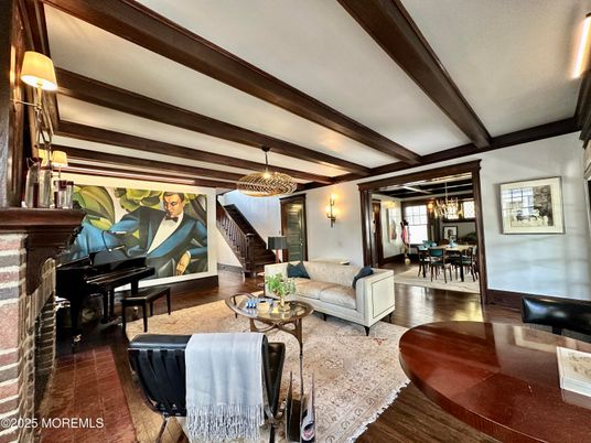 Dining room, Fireplace, Interior, Living room, Pendant Lights, Piano, Wooden Beams, Wood Texture Flooring