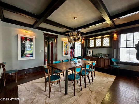 Chandelier, Dining room, Interior, Wooden Beams, Wood Texture Flooring