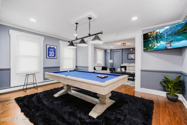 Billiard Table, Game Room, Interior, Pendant Lights, Recessed Lighting, Wood Texture Flooring