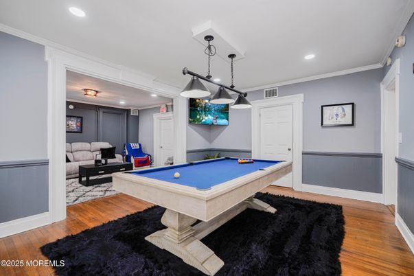 Billiard Table, Game Room, Interior, Pendant Lights, Recessed Lighting, Wood Texture Flooring