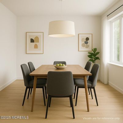 Dining room, Interior, Pendant Lights, Wood Texture Flooring