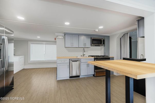 Interior, Kitchen, Recessed Lighting, Stainless Steel Appliances, Wood Texture Flooring