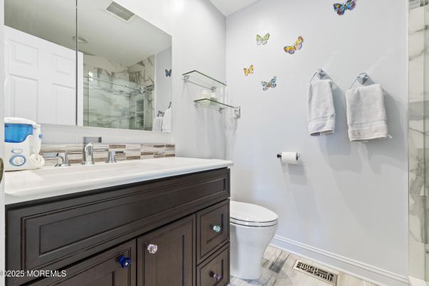Bathroom, Glass Shower, Interior, Wood Texture Flooring
