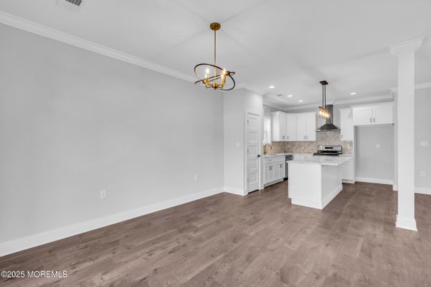 Chandelier, Interior, Kitchen, Pendant Lights, Recessed Lighting, Wood Texture Flooring