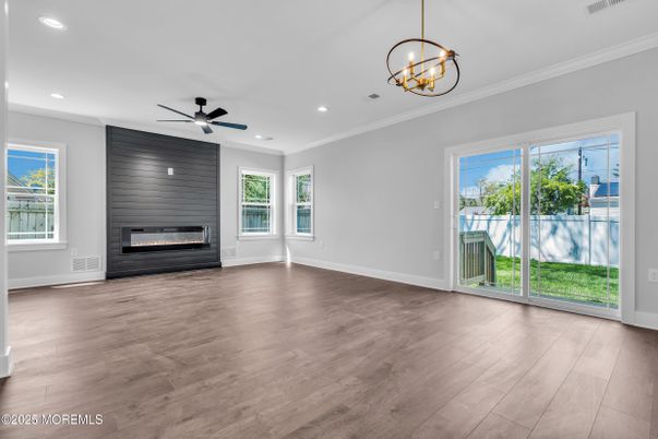 Empty room, Fireplace, Interior, Recessed Lighting, Wood Texture Flooring