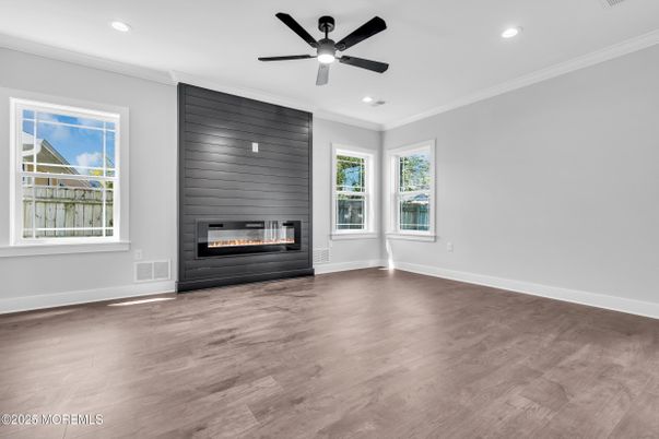 Empty room, Fireplace, Interior, Recessed Lighting, Wood Texture Flooring