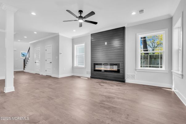 Empty room, Fireplace, Interior, Recessed Lighting, Wood Texture Flooring