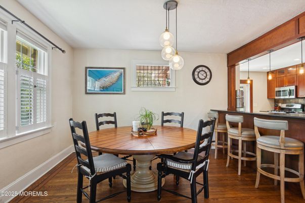 Dining room, Interior, Pendant Lights, Wood Texture Flooring