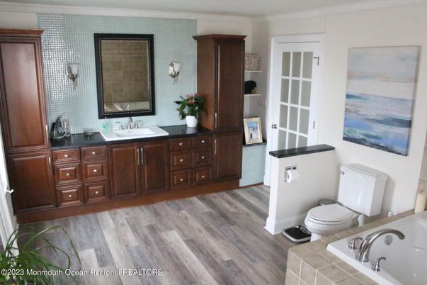 Bathroom, Interior, Tile Countertops, Wood Texture Flooring