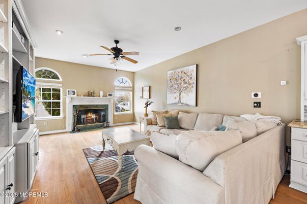 Fireplace, Interior, Living room, Recessed Lighting, Wood Texture Flooring