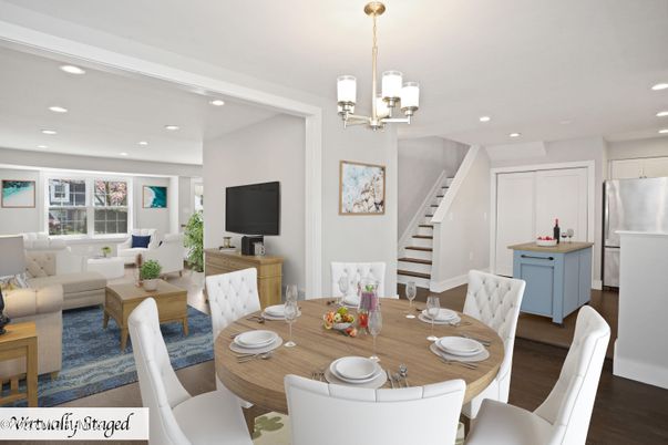 Dining room, Interior, Kitchen, Living room, Pendant Lights, Recessed Lighting, Stainless Steel Appliances, Wood Texture Flooring