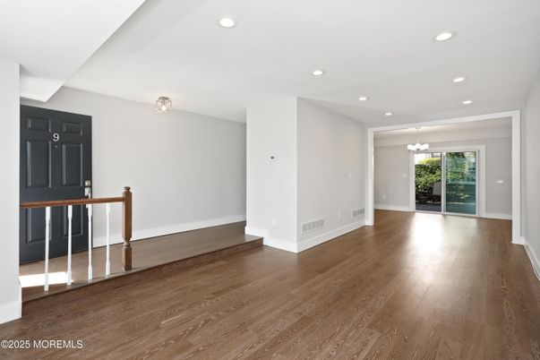 Chandelier, Empty room, Interior, Recessed Lighting, Wood Texture Flooring