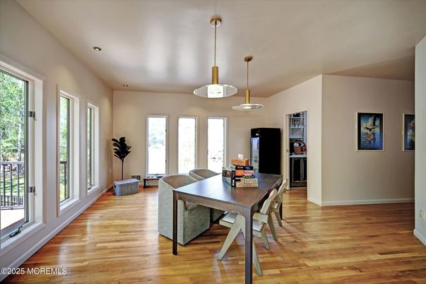 Dining room, Interior, Pendant Lights, Recessed Lighting, Wood Texture Flooring