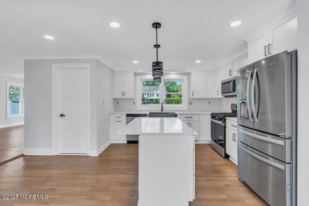 Interior, Kitchen, Pendant Lights, Recessed Lighting, Stainless Steel Appliances, Wood Texture Flooring