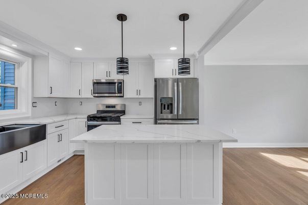 Interior, Kitchen, Pendant Lights, Recessed Lighting, Stainless Steel Appliances, Wood Texture Flooring