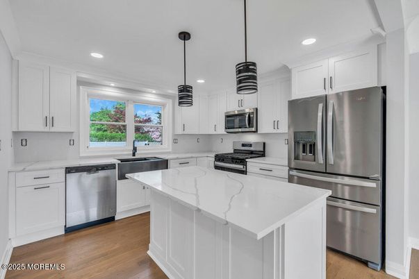 Interior, Kitchen, Pendant Lights, Recessed Lighting, Stainless Steel Appliances, Wood Texture Flooring