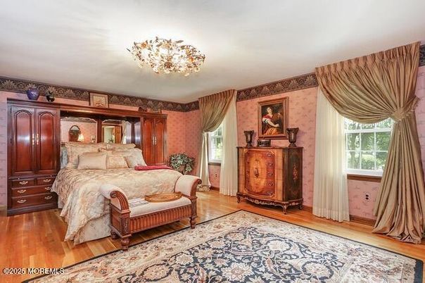 Bedroom, Chandelier, Interior, Wood Texture Flooring
