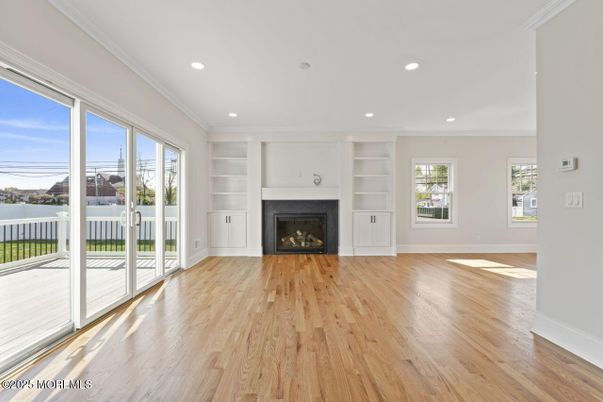 Empty room, Fireplace, Interior, Recessed Lighting, Wood Texture Flooring